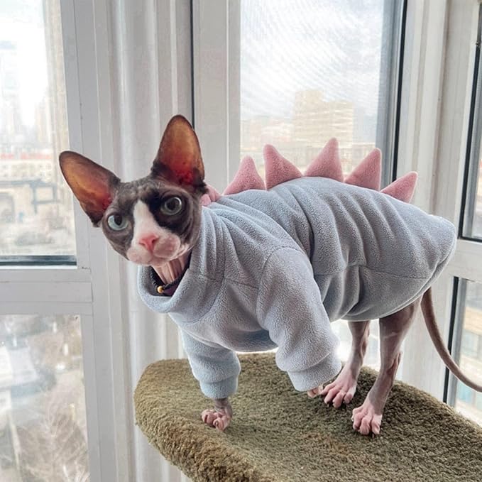 Dinosaur Sphynx Cat Clothes, Soft Polar Fleece Sweater for Cat, Elastic Pet Clothes Thick Winter Warm Outfit for Hairless Cat, Devon, Cornish, Small Dogs Apparel with Sleeves (Sky Blue, X-Large)