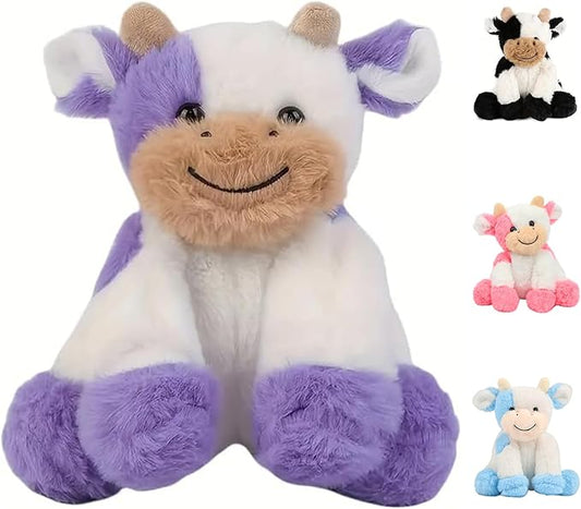 Purple and White Cow Weighted Stuffed Animal 7.87in Cute Sitting Cow Plush with Smile Soft Fluffy Small Farm Plushie for Kids Adults Birthday Festival Gift Bed Home Office Decoration Toys