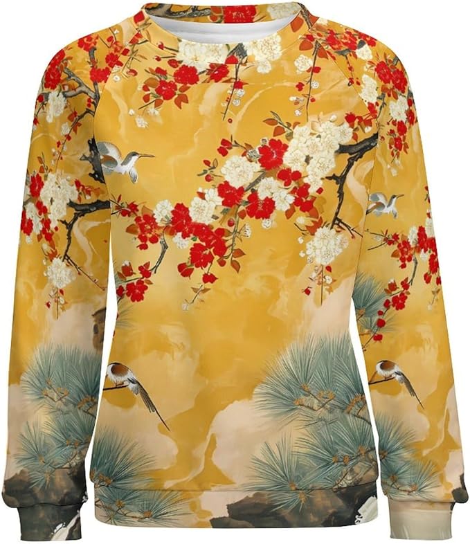 Womens Long Sleeve Tops Y2k Japanese Art Print Sweatshirts Fall Pullover for Women Crewneck Vintage Shirts Boho Tops