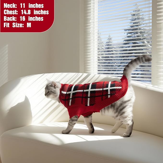 EXPAWLORER Cat Sweater Cardigan - Stylish Knit Cat Clothes, Plaid British Style Soft Puppy Sweater with Sleeve, Warm Pet Clothing Knitwear, Fall Winter Kitten Coat for Girl Boy Cats, Red S