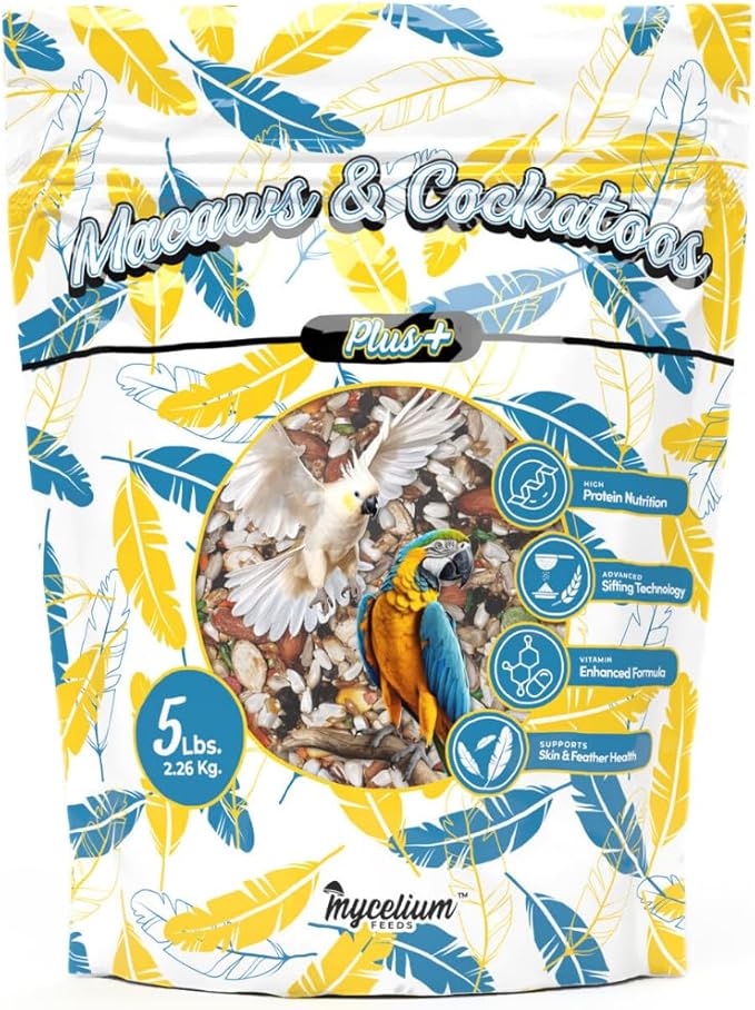 Mycelium Organic Macaw & Cockatoo Plus Bird Food (5 LBS) | High-Protein Bird Seed for Large Birds | Vitamin-Enriched Daily Nutrition | Skin & Feather Support | Non-GMO & USA Made