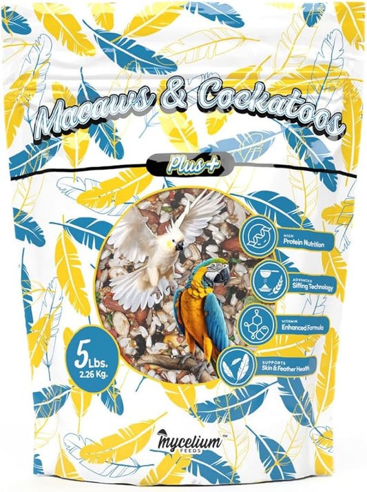 Mycelium Organic Macaw & Cockatoo Plus Bird Food (5 LBS) | High-Protein Bird Seed for Large Birds | Vitamin-Enriched Daily Nutrition | Skin & Feather Support | Non-GMO & USA Made