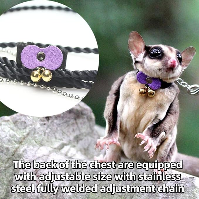 Sugar Glider Traction Rope Strap Anti-Biting Chain Rope, Small Animal Walking Collar Harness with Lead Leash for Hamster Gerbil Rat Mouse Ferret Chinchilla Squirrel (Black with Blue)