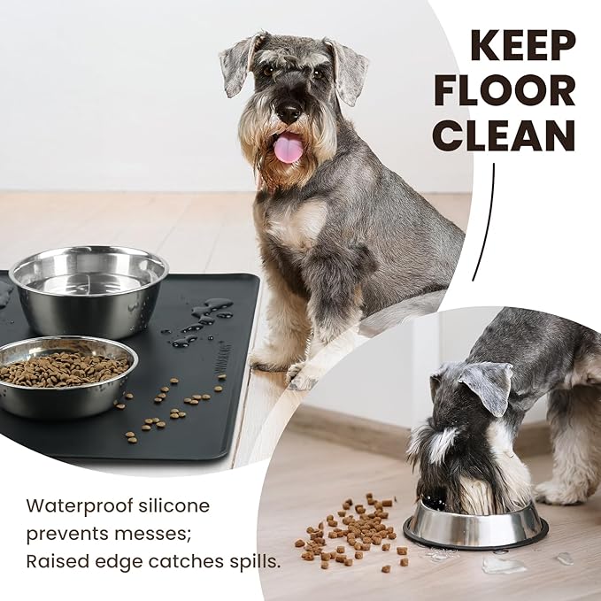 VIVAGLORY Dog Food Mat Flexmat Dog Bowl Mat, Placemat Food Tray with Raised Edges & Lip for Indoor Floor, Non Slip Waterproof Silicone Dish Placemat for Cat & Pet, S, Black
