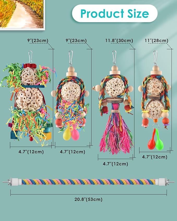 Bissap Conure Toys, 5 PCS Bird Foraging Shredder Hanging Swing Rope Perch Toys Sola Balls with Sand Hammer for Small Parrots Parakeets Conures Cockatiels Love Birds Cage Toy