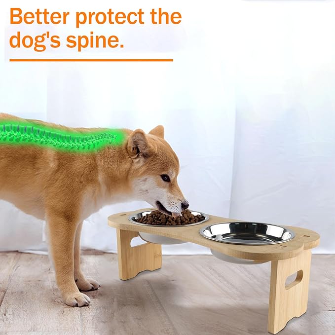 Elevated Dog Cat Bowls-2pack Stainless Steel Pet Food Water Bowls with Anti-Slip Bamboo Stand-Raised Dog Bowl for Small Dogs-Raised Cat Bowl Stand-Pet Feeding Station（4.7'' Height