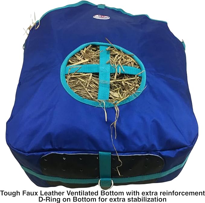Majestic Ally Nylon Hay Feeder Tote Bag for Horse, Goat, Sheep - Double Sides Open Feed Hole with Faux Leather Ventilated Bottom- Premium Quality -Simulates Grazing - Reduces Waste (Royal Blue)