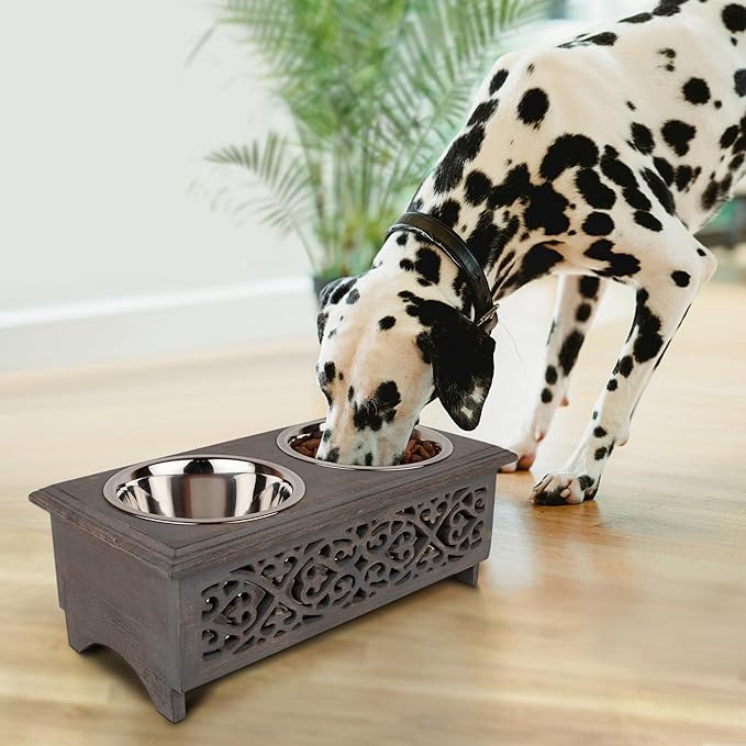 GoCraft Raised Dog Bowls for Small Dogs | Elegant Farmhouse Grey Washed Elevated Wooden Stand Feeder with 2 Stainless Steel Bowls for Your Pet Food & Water