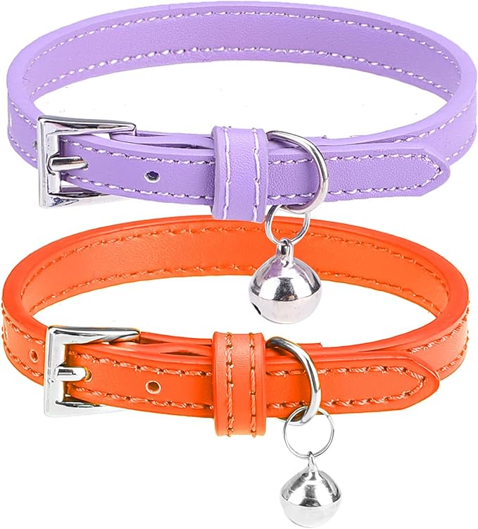 PUPTECK 2 PCS Soft Genuine Leather Cat Kitten Collar with Bells Adjustable for Girl Boy Cats Puppy - Orange, Purple