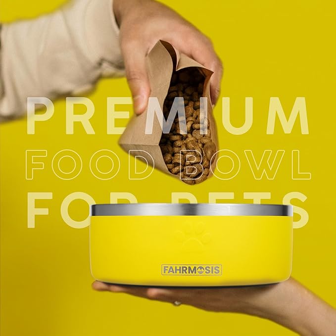 64 OZ Dog Bowl with Slow Feeder Insert Stainless Steel Pet Water Bowl for Medium & Large Breed Non Slip Rubber Base & Plastic Puzzle Feeder - Yellow