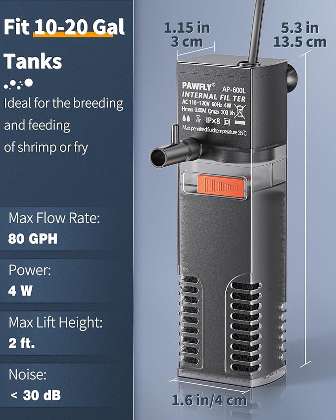 Pawfly Internal Aquarium Filter with 80 GPH Water Pump Quiet Submersible Bio Sponge Foam Filter for 10 to 20 Gallon Fish Tanks Small Multifunctional Filter for Filtration Circulation and Oxygenation