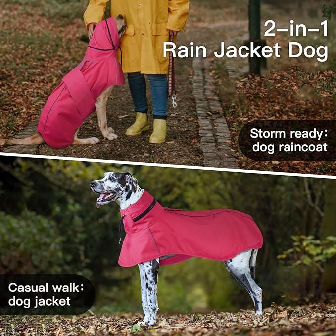 Waterproof Dog Raincoat, Windproof Rain Jacket for Large Dogs with Reflective Strips, Convertible Hood/Collar Poncho with Leash Hole Full Body Protection (Neon Pink, XXL)