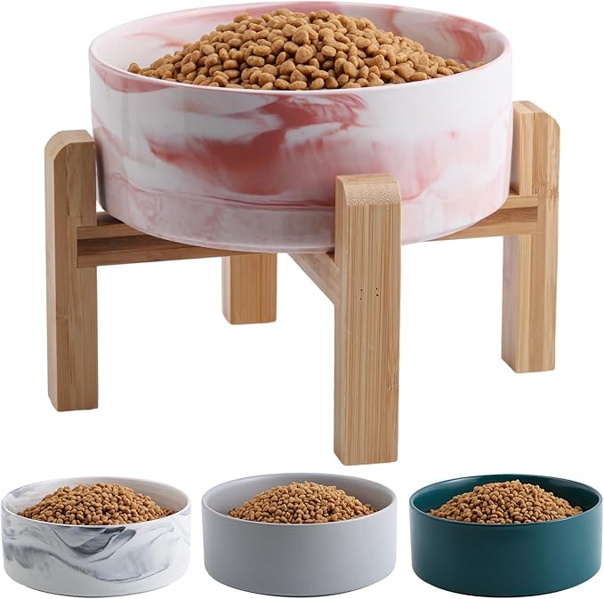 Elevated/Raised Dog Bowl Ceramic for Medium Large Sized Breed,Dog Food Water Bowl with Stand,8 in 7.6 Cups Non Slip Heavy Weighted Marble Pink