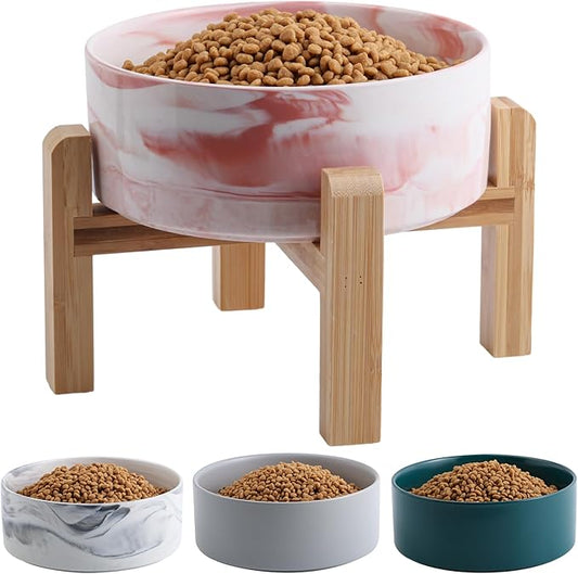 Elevated/Raised Dog Bowl Ceramic for Medium Large Sized Breed,Dog Food Water Bowl with Stand,8 in 7.6 Cups Non Slip Heavy Weighted Marble Pink