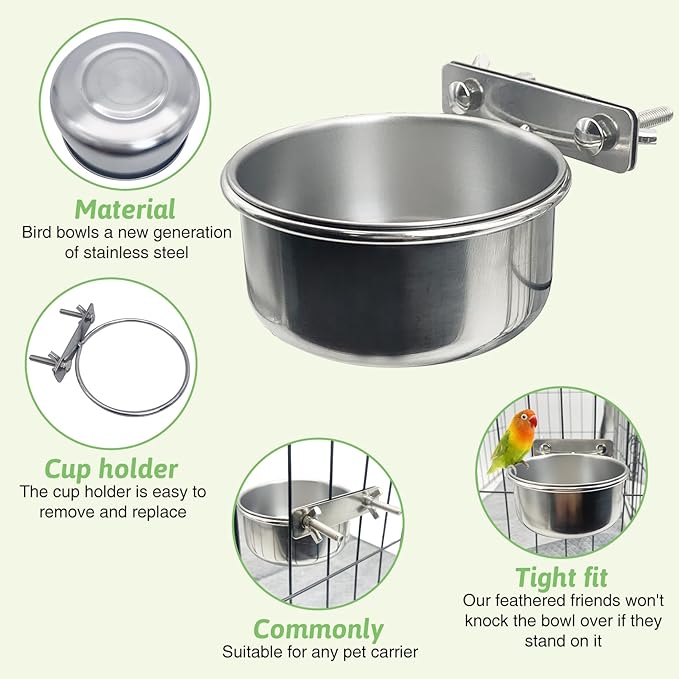 Tfwadmx 4 Pcs Stainless Steel Bird Bowls with Clamp,Clamp Holder Coop Cup,Bird Dishes for Cage, Cage Water Bowl for Cockatiels Lovebird Budgie Chinchilla