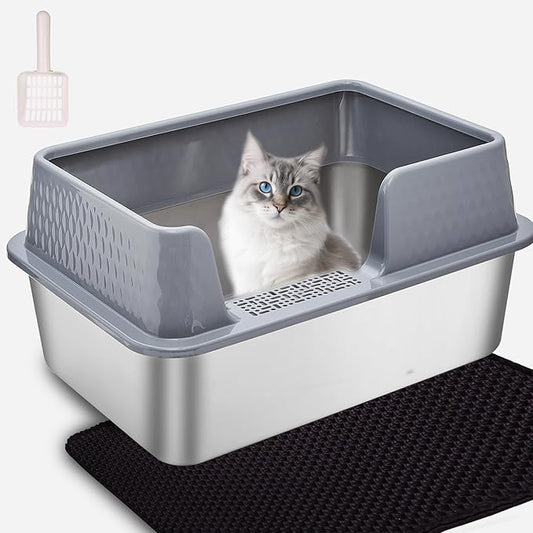 Large Stainless Steel Cat Litter Box with lid Cover Mats Scooper Small High Sided Enclosed Metal Kitty Litter Box for Kittens or Senior Cats with Grey Enclosure