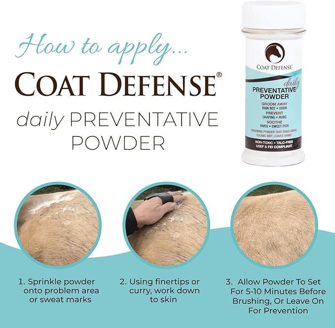 Coat Defense Daily Preventative Powder for Horses - Safe & Effective Equine Sweet Itch, Skin Funk, Scratches, & Rain Rot Treatment - Dry Shampoo for Horses, 8 oz Formula with All Natural Ingredients