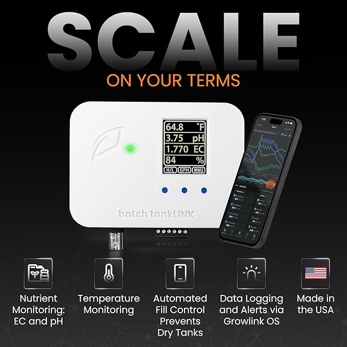 Batch tankLINK – Nutrient Tank Monitor with Sensors – Tracks Conductivity (EC), pH, Temperature & Water Level – Automated Refills & Real-Time Alerts for Controlled Environment Agriculture