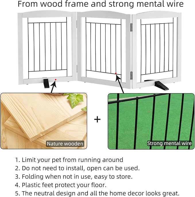 ZJSF Freestanding Dog Fence Indoor, Foldable Dog Gate for Doorways, Stairs or Hallways, Sturdy Wood Extra Wide Pet Gate with Support Feet for The House, White, 32 "Height-3 Panels