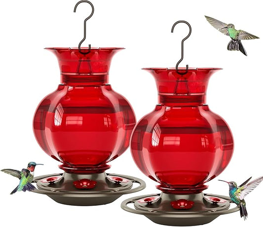 Auslar Hummingbird Feeder, Red Glass Hummingbird Feeders for Outdoors Hanging with Ant Moat, 5 Simulation Flowers Feeding Ports, 23 Ounces, Rustproof, Fade Proof, Pomegranate Shape, 2 Pack