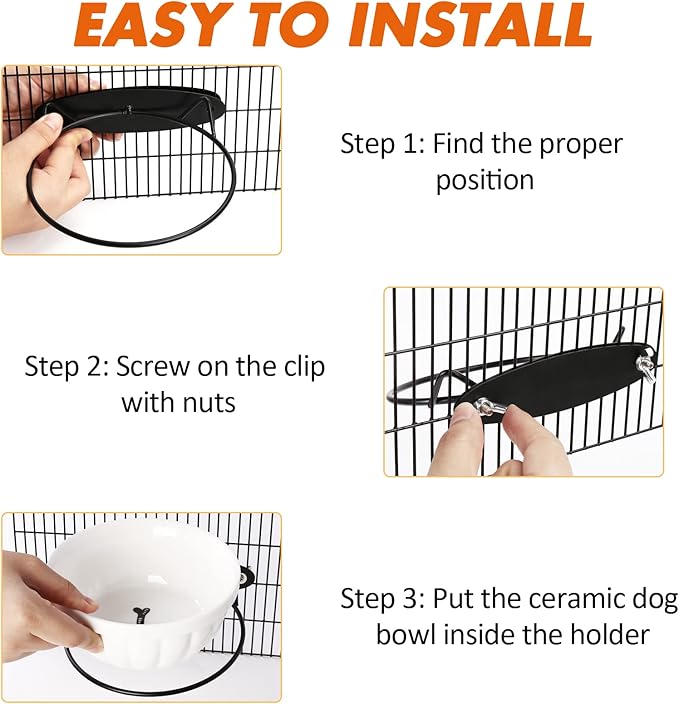 Dog Kennel Water Bowl, 2 Pack Ceramic Hanging Dog Crate Water Bowls No Spill, Removable Thick Tilted Cat Food/Water Bowls for Small Dogs, Cats, Rabbit, Guinea Pigs(5.7 * 2.4&4.7 * 2”)