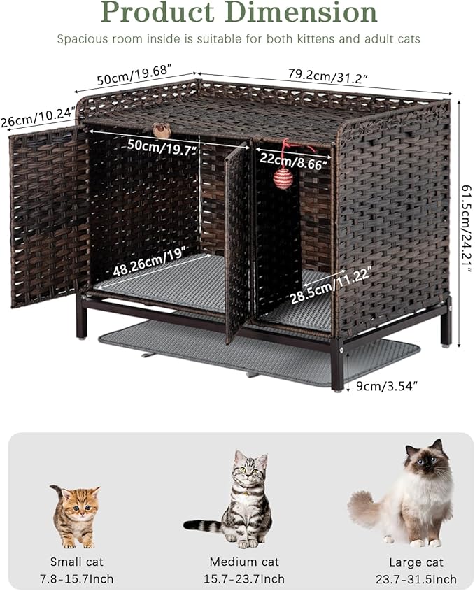 Cat Litter Box Enclosure Furniture with Divider, Handwoven Rattan Litter Box with Mat, 31.2 x 19.6 x 24.2 Inches, Metal Heightened Feet, Hidden Cat House for Living Room, Bedroom (Brown)