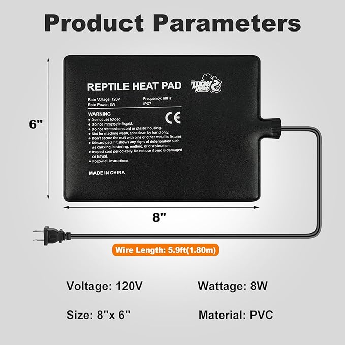 LUCKY HERP Reptile Heat Pad 6x8 Inch 8W Under Tank Terrarium Heating Mat, Reptile Heat Mat, Reptile Heating Pad for Turtle, Lizard, Hermit Crab, Frog, Snake