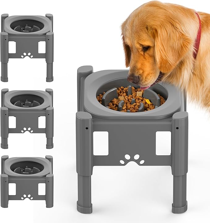 Lewondr Elevated Slow Feeder Bowls, Adjustable Dog Slow Feeder with 3 Heights (6.1", 7.7", 9.3") Non-Slip Stand for Medium Large Breed Dogs, Grey