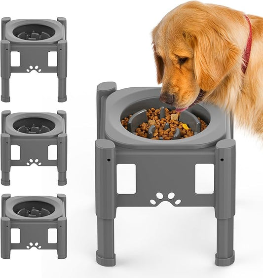 Lewondr Elevated Slow Feeder Bowls, Adjustable Dog Slow Feeder with 3 Heights (6.1", 7.7", 9.3") Non-Slip Stand for Medium Large Breed Dogs, Grey