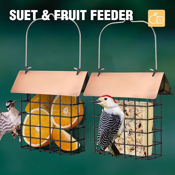 Veehoo 2Pcs Suet Bird Feeder for Outside Hanging with Metal Roof-Suet Cakes Cage Bird Feeder for Outdoors Hanging, Outdoor Garden Wild Bird Feeder Suet Holder, Woodpecker Feeder, Antique Copper