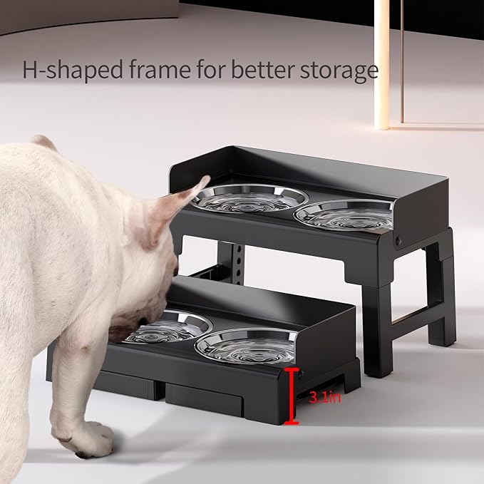 PAKEWAY Elevated Dog Bowls, Spill Proof, Tiltable Dog Feeder with 2 Stainless Steel Bowls, 6 Height Adjustable Raised Bowl