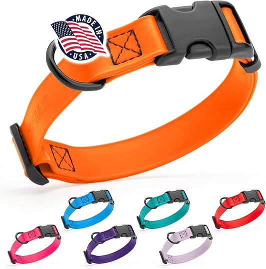 Dogline Biothane Waterproof Dog Collar with Quick Release Buckle Strong Coated Nylon Webbing with Odor- Proof for Easy Care Easy to Clean Fits Small Medium or Large Dogs, Orange 3/4" W 12-19" L