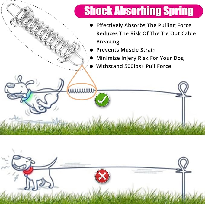 Jenico Dog Tie Out Cable - 10/15/20/30/40/50/70/100/150FT Runner Cable with Swivel Hook and Shock Spring, for Small to Medium Pets Up to 500 LBS