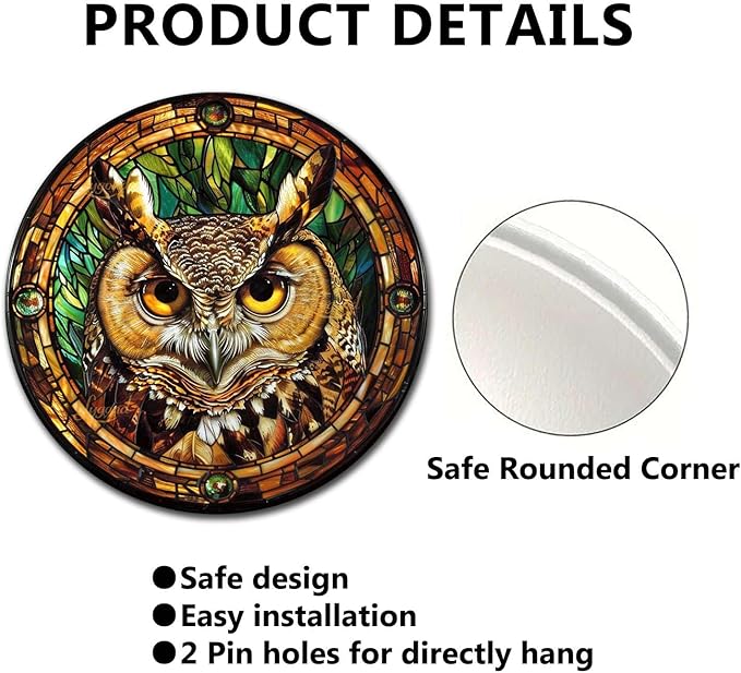 Lygond Metal Tin Sign - Circular Stained Glass Owl - 88 Inches for Garage
