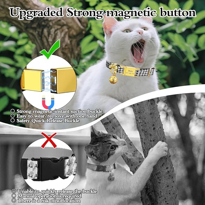 Personalized Breakaway Cat Collars - Magnetic Buckle, Bell - Safety Quick Release, Customized for Girls & Boys Cats- (Houndstooth-Black)