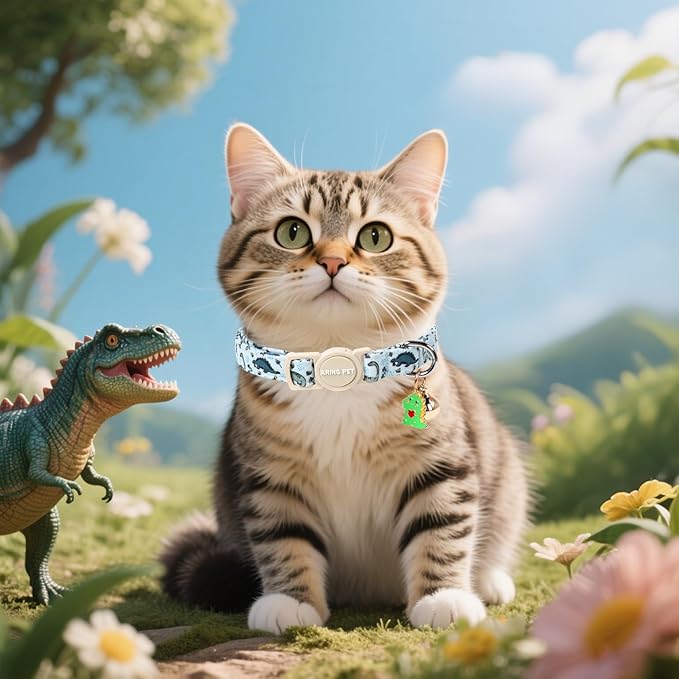 ARING PET 2 Pack Cat Collar-Cute Kitty Collars with Bell & Pendant, Adjustable Dinosaur&Baseball Kitten Collars with Safety Buckle for Girl and Boy Pets