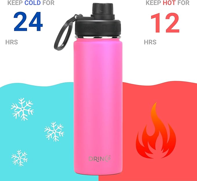 DRINCO Stainless Steel Water Bottle Spout Lid Vacuum Insulated Double Wall Water Bottle Wide Mouth (40oz 32oz 22oz 18oz 14oz) Leak Proof Keep Cold Sport Camping Hiking (22 oz, 22oz Island Pink)