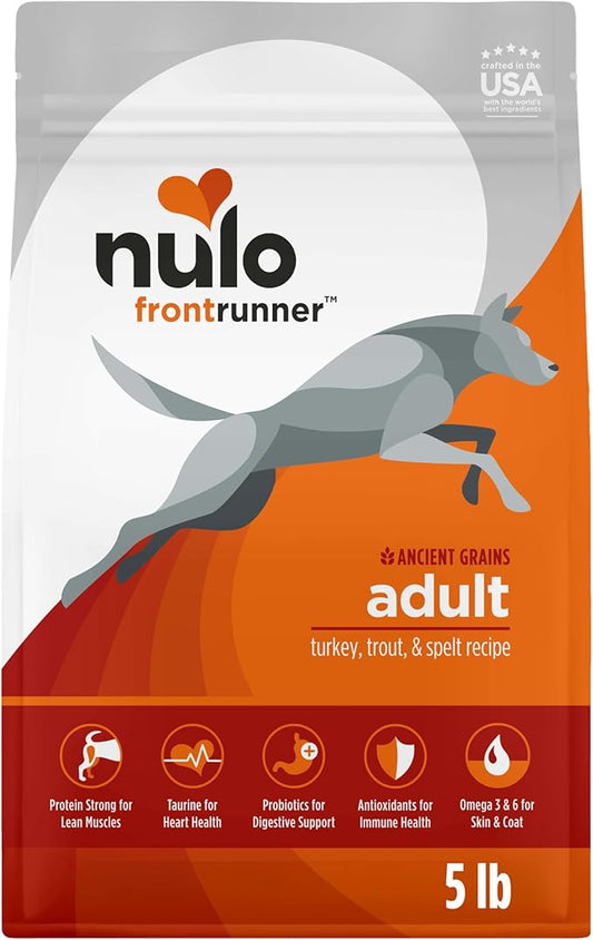 Nulo Frontrunner Ancient Grains High-Protein Dog Food, Turkey, Trout & Spelt Recipe- Natural Dry Dog Food with Probiotics, Grain-Inclusive Kibble for Adult Dogs, 5 lb Bag
