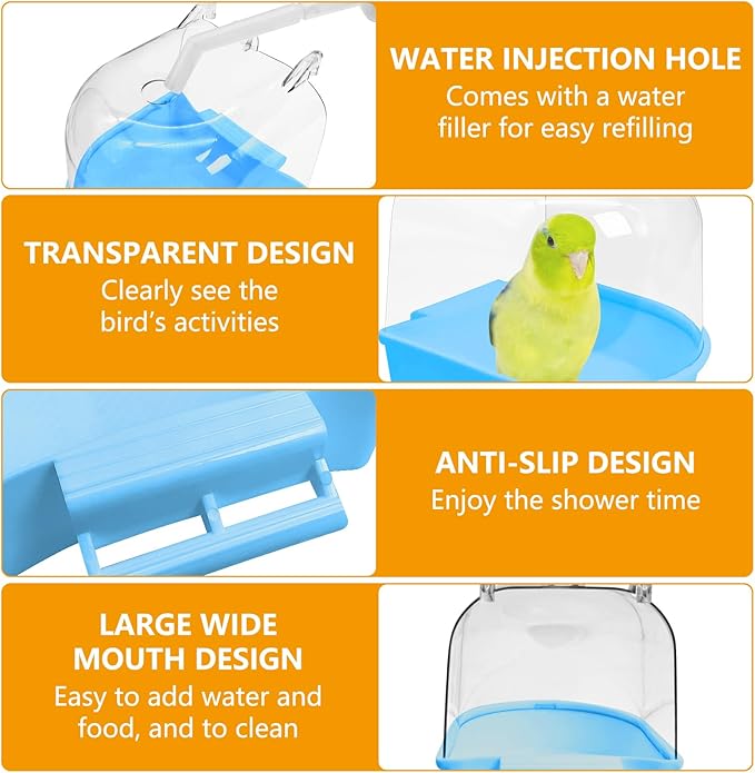 Tfwadmx 3Pcs Bird Bath for Cage Hanging Parakeet Bath Box Clear Bird Bathtub Water Shower Food Feeder Bathing Tub for Cockatiel Conure Canary Budgies