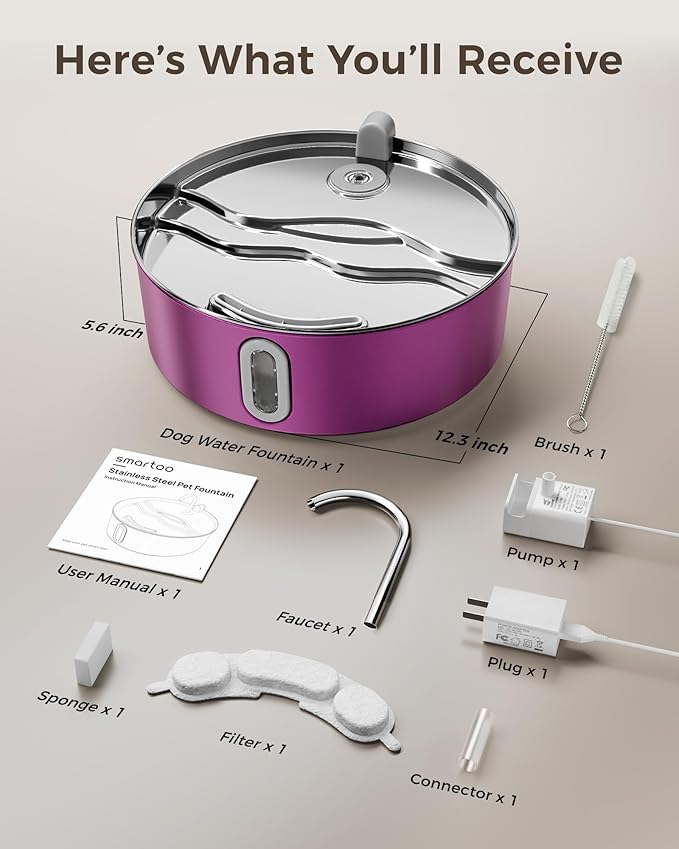 Dog Water Fountain for Large Dogs 7L/236oz Stainless Steel Dog Water Bowl Dispenser Automatic Pet Water Fountain, Multi-Filtration Pet Fountain with Ultra-Quiet Pump (Pink)