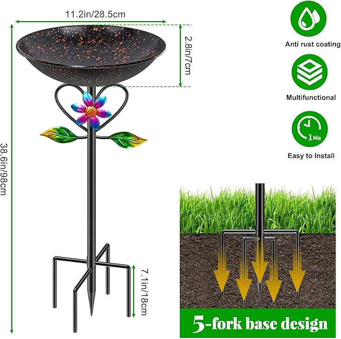 Vintage Metal Bird Bath for Outside, Standing Bird Feerder with Sunflower Love Decoration, Detachable Birdbaths Bowl for Outdoor Yard Lawn Garden Decor (A-Brown)