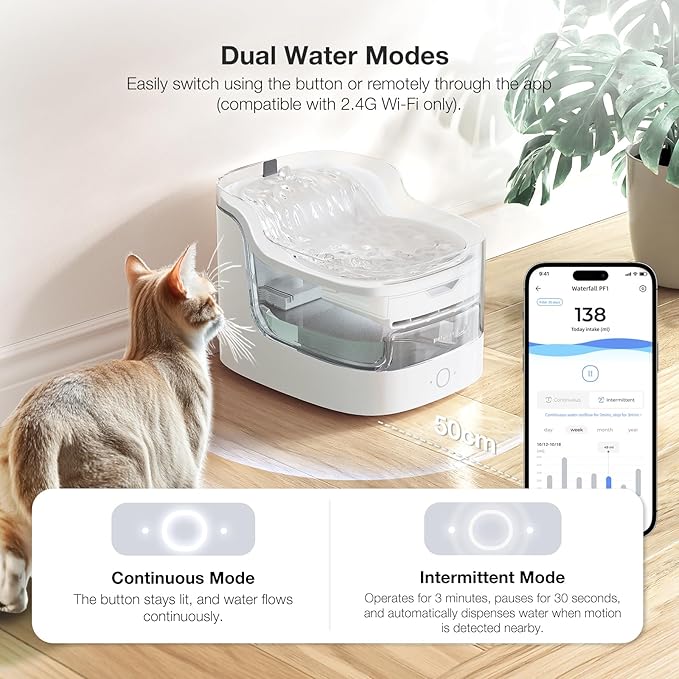 PF1 2L Cat Water Fountain Smart App Control 8 Layers Filtration Automatic Water Dispenser for Cats Dogs Pet Water Fountain Wireless Pump Pet Health Manager 2.4G WiFi