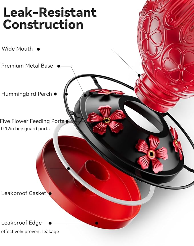 26Oz Hummingbird Feeder for Outdoors, Vintage Glass Bird Feeder with Perch, Durable & Easy to Clean, Hanging Nectar Feeder for Garden, Yard, Deck – Gift for Bird Lovers (Red)