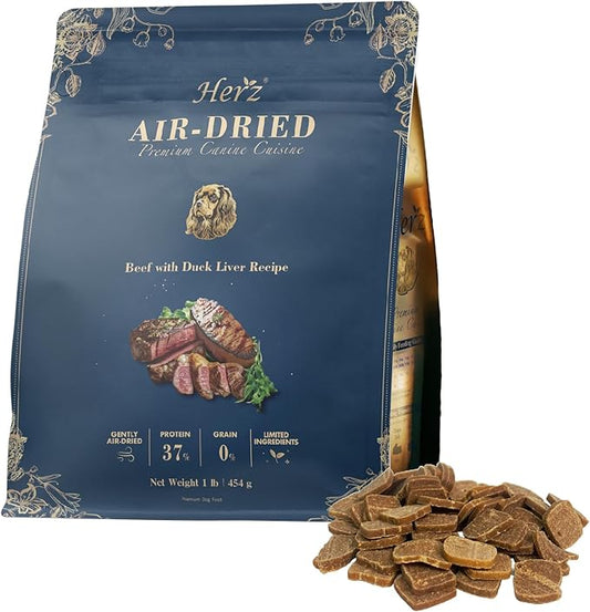 Herz Air-Dried Dog Food Beef & Duck Liver Recipe 1 lb, All-Natural, High-Protein, Grain-Free, Limited Ingredients, Complete & Balanced, Premium Canine Cuisine