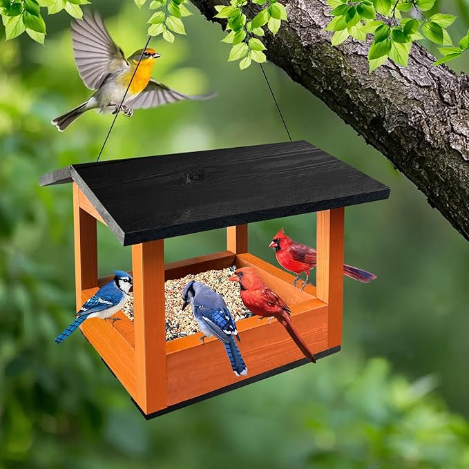 Wooden Hanging Bird Feeder Tray – Outdoor Platform Feeder for Cardinals, Squirrels, and Small Birds – Bird House Style for Backyard Garden (Orange)