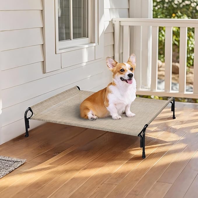 Veehoo Outdoor Elevated Dog Bed, Raised Dog Cot for Small Medium Dogs, Cooling Washable Waterproof Pet Hammock Beds with Slope Headrest, Breathable Mesh and Sturdy Frame, M, Beige Coffee, CWC2204