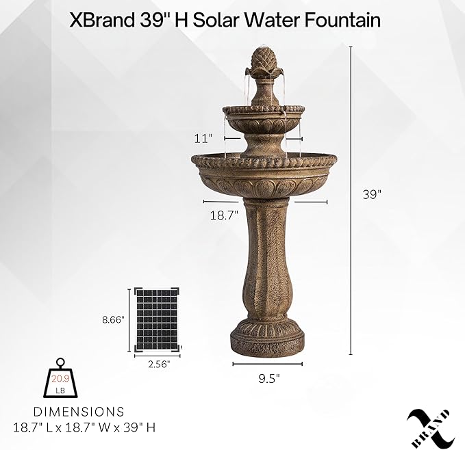 XBrand 39" 2-Tier Outdoor Freestanding Solar Water Fountain – Classic Sand Stone Resin Bird Bath with Pump – Solar Powered Garden Decor for Patio, Yard, Porch, and Lawn