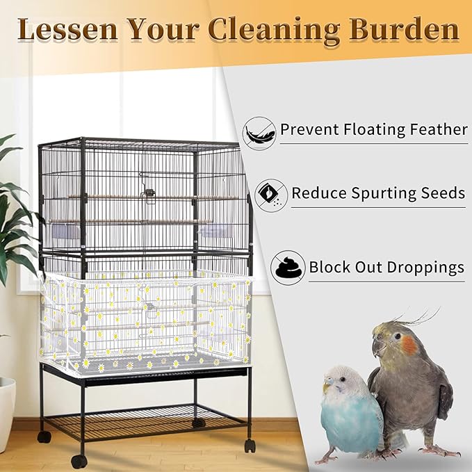 Daoeny Large Bird Cage Cover, Bird Cage Seed Catcher, Adjustable Soft Nylon Mesh Net with Daisy Pattern, Birdcage Cover Skirt Seed Guard for Parrot Parakeet Macaw Round Square Cages (White)