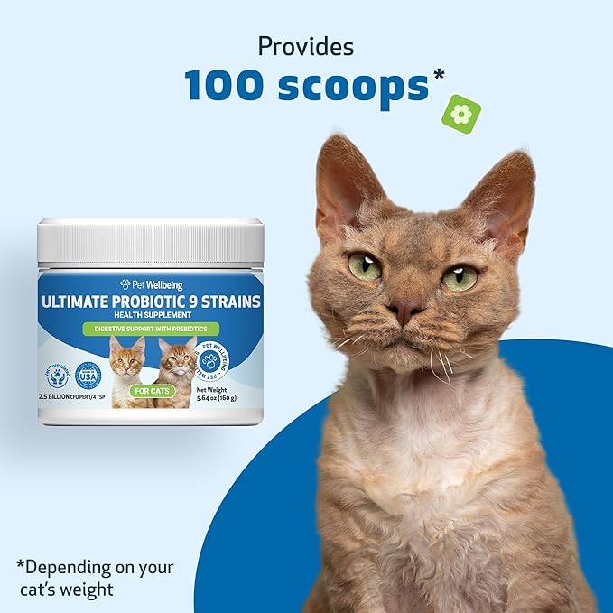 Pet Wellbeing Ultimate Probiotic 9 Strains with Prebiotics for Cats - Supports the Gut Microbiome and Digestion, Immune System Care, Urinary Tract Health, FOS, 2.5 billion CFU - 5.64 oz (160 g) Powder