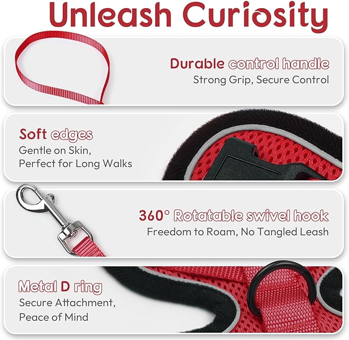 Dooradar Cat Harness and Leash Set, Escape Proof Safe Adjustable Kitten Vest Harnesses for Walking, Easy Control Soft Breathable Mesh Jacket with Reflective Strips for Cats, Red, S